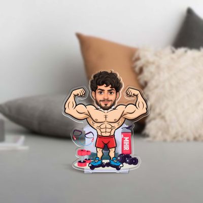 Personalized Caricature for Gym Lover with Shaking Head, Fitness Bodybuilder Theme, Custom Face Photo Cutout Gift for Friends, Boyfriend, Brother, Gym Trainer Solar Powered Moving Head